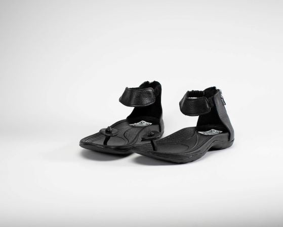 black toa leather sandal top view