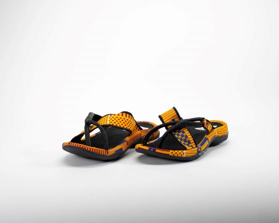 yellow green kente obapapa sandal angle view