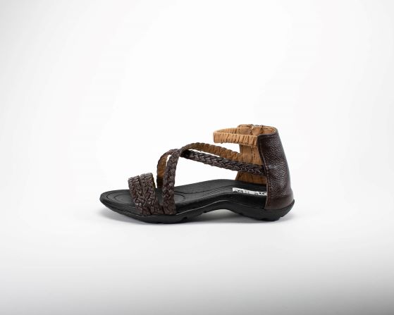 women brown braided leather sandal back view