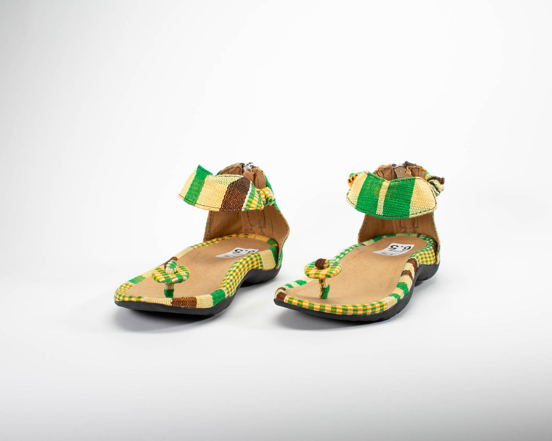 Green Kente woven sandal with toe top view.  For women