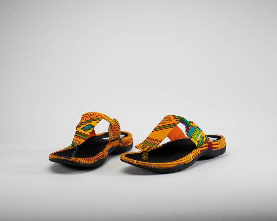 T-strap yellow green kente print for women. Top angle view