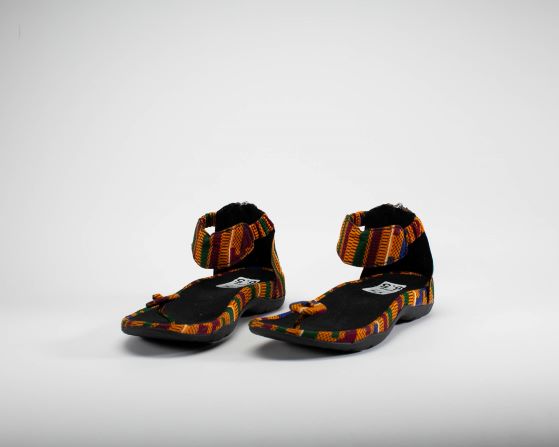 red kente print sandal with toa button top view