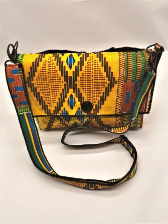 Yellow Green Kente print crossbody bag top view