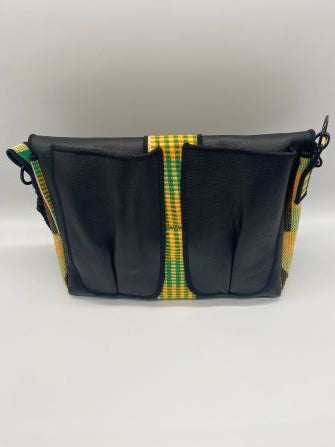 Green kente woven and black leather comb bag side view