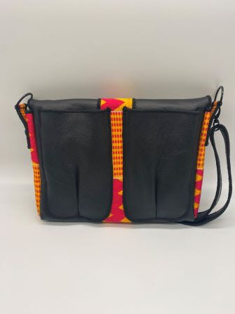 pink kente woven and black leather comb bag back view