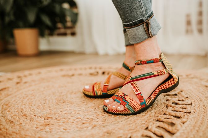 yellow green kente print sandal for women side view.