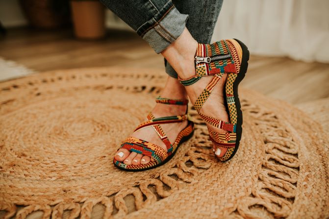 Yellow green kente print sandal for women top and side view. 