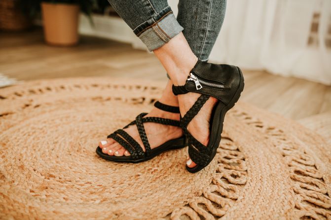 women black braided leather sandal side view