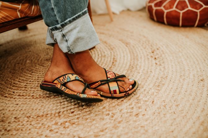 women obapapa yellow green kente sandal side view