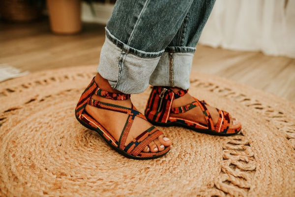 Red kente print sandal for women from the side view