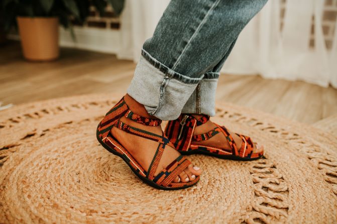 Red kente print sandal for women from the top view.